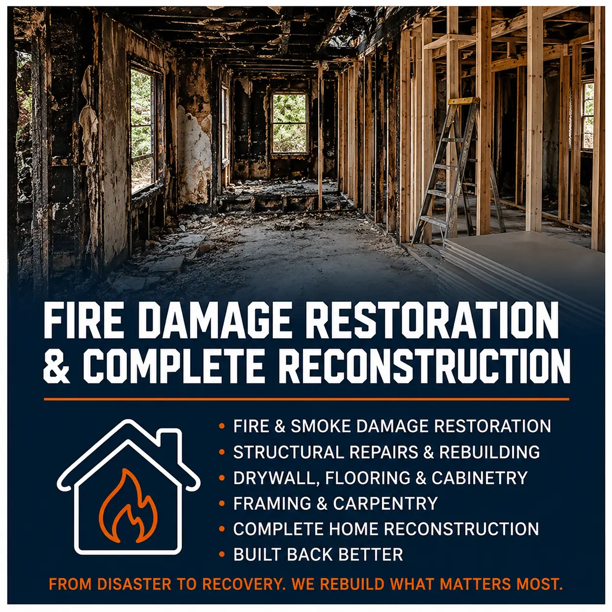 Emergency Home Rescue provides complete fire damage restoration and reconstruction services to help homeowners rebuild after catastrophic property loss throughout the Dallas-Fort Worth area.